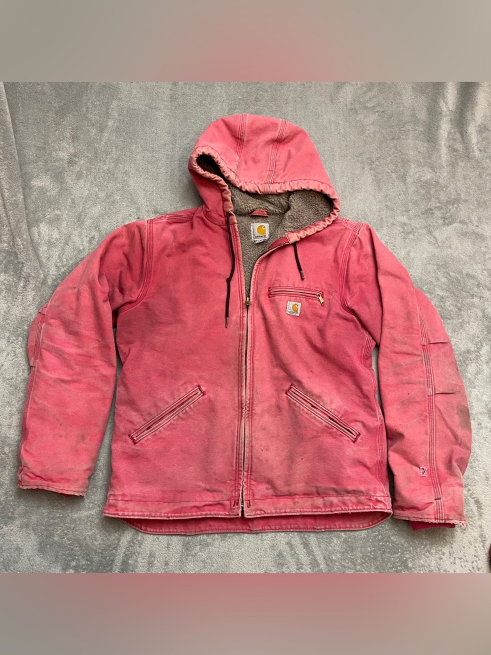 Vintage Carhartt WJ141-624 Pink Duck Canvas Hooded Sherpa Lined Jacket SM(4/6)
